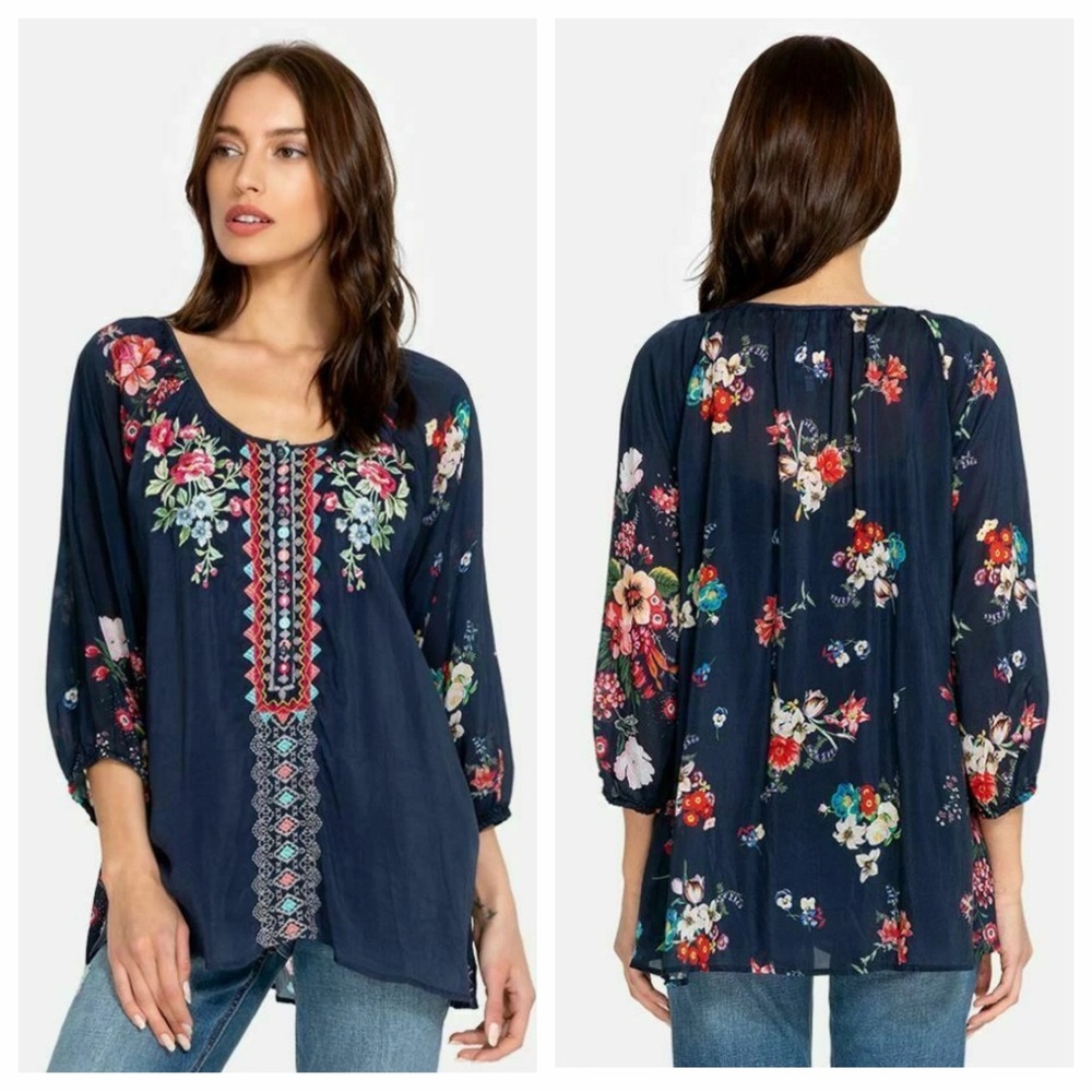 Johnny Was Sheera Navy Floral Embroidered Scoop Neck Blouse Top Sz Large